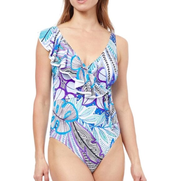 Profile By Gottex Tropic Boom V-Neck Surplice Ruffle One Piece Swimsuit 10 $154 - Picture 1 of 3